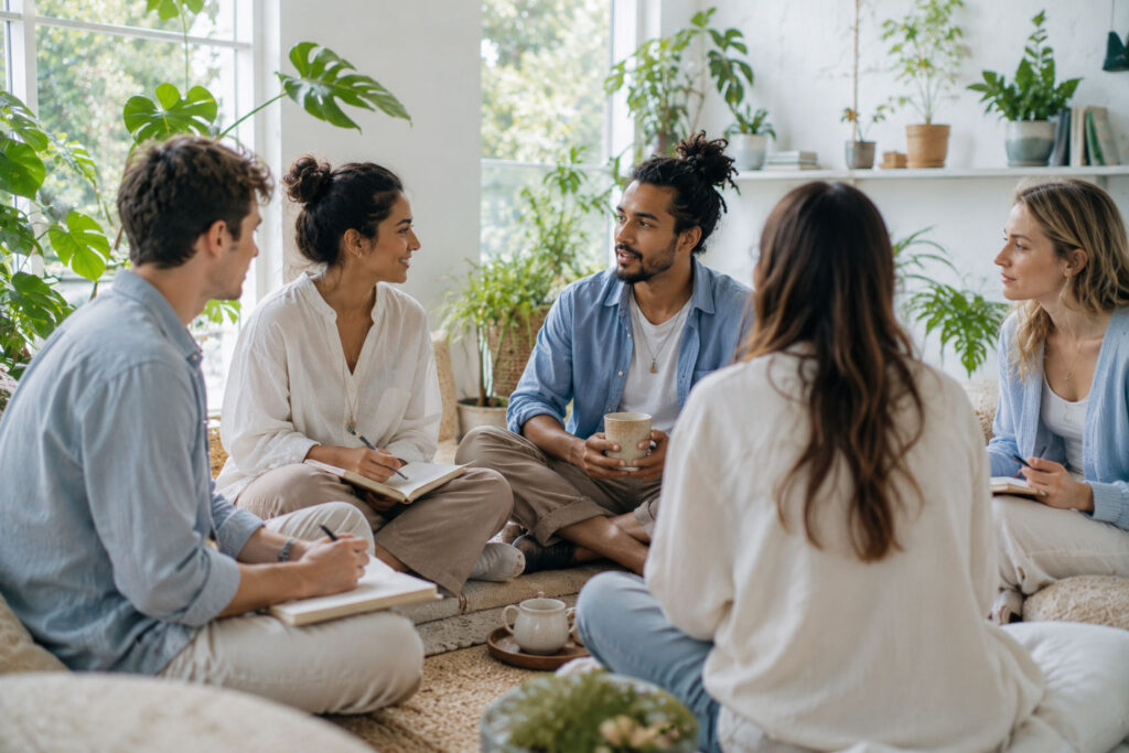 five people seated in a group therapy circle