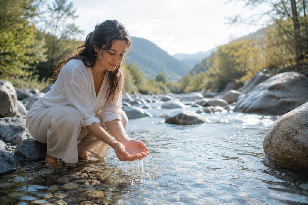 woman waking in a river and cupping water in her hands in the Austin, Texas greenbelt